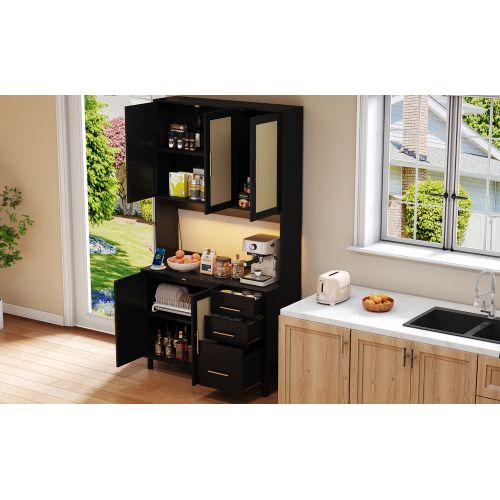Buffet De Cuisine LED Avec Étagères - LED Connecté -2 X USB Et 2 X Prises- En Rotin - Rétro-h183cm