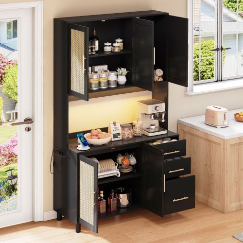 Buffet De Cuisine LED Avec Étagères - LED Connecté -2 X USB Et 2 X Prises- En Rotin - Rétro-h183cm