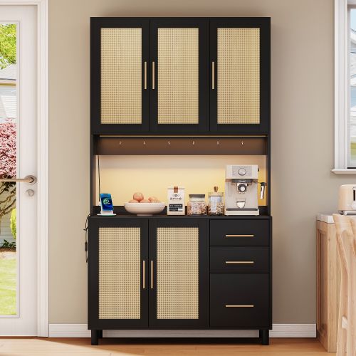 Buffet De Cuisine LED Avec Étagères - LED Connecté -2 X USB Et 2 X Prises- En Rotin - Rétro-h183cm