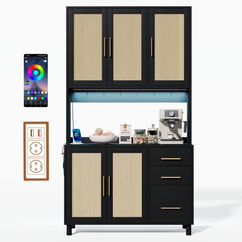 Buffet De Cuisine LED Avec Étagères - LED Connecté -2 X USB Et 2 X Prises- En Rotin - Rétro-h183cm