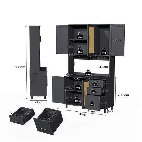 Buffet De Cuisine LED Avec Étagères - LED Connecté -2 X USB Et 2 X Prises- En Rotin - Rétro-h183cm