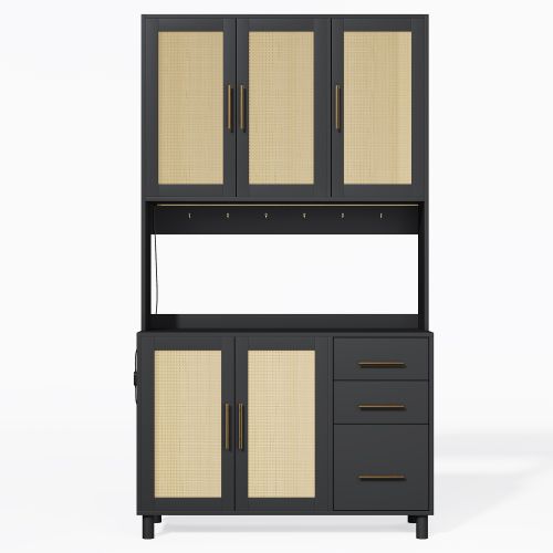 Buffet De Cuisine LED Avec Étagères - LED Connecté -2 X USB Et 2 X Prises- En Rotin - Rétro-h183cm