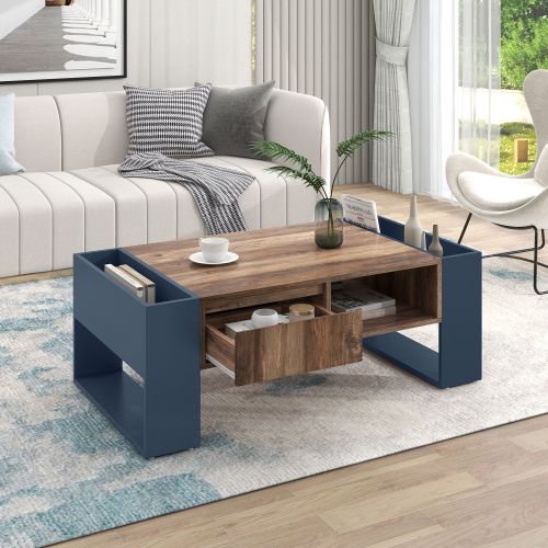 Table Basse Rectangulaire - Table à Café - Multi-compartiments - 111 X 40x 60 Cm - Bois Et Gris