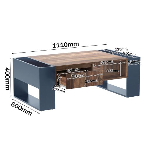Table Basse Rectangulaire - Table à Café - Multi-compartiments - 111 X 40x 60 Cm - Bois Et Gris
