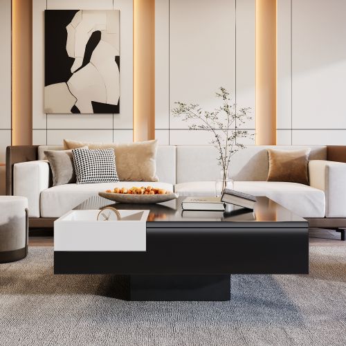 Table Basse Carrée - Table à Café Avec Éclairage LED -rangement Amovible - Noir Et Blanc