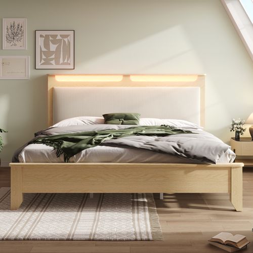 Lit Double En Bois Avec LED - Tête De Lit - Chêne -180×200cm - Natuel