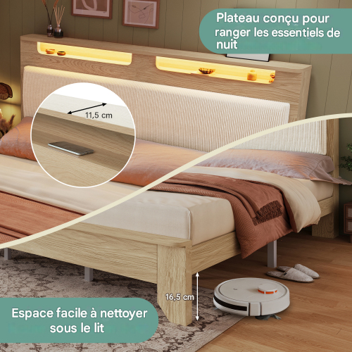 Lit Double En Bois Avec LED - Tête De Lit - Chêne -180×200cm - Natuel