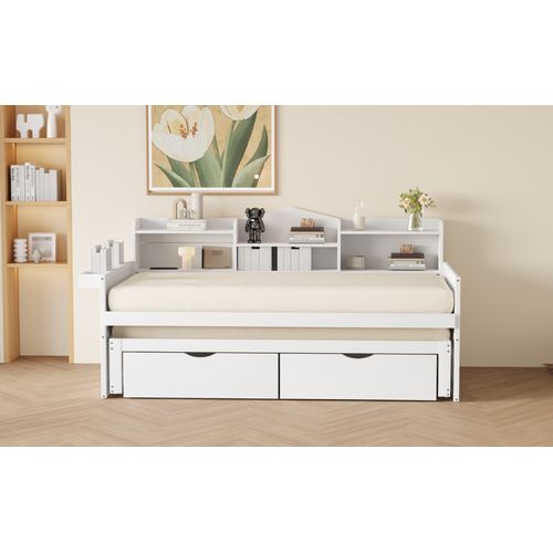 Lit Gigogne 90x190 Avec 2 Tiroirs Et Étagères -prise USB, Lit Simple En Bois-lit Enfant-blanc