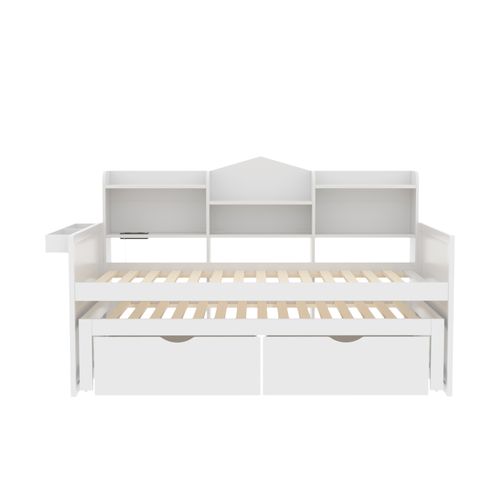 Lit Gigogne 90x190 Avec 2 Tiroirs Et Étagères -prise USB, Lit Simple En Bois-lit Enfant-blanc