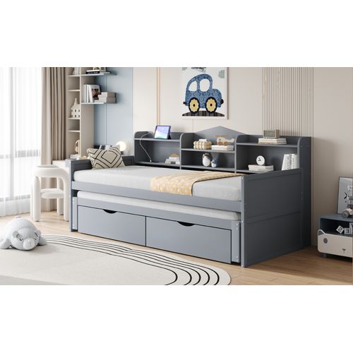 Lit Gigogne 90x200cm Avec 2 Tiroirs Et Étagères -prise USB, Lit Simple En Bois-lit Enfant-gris