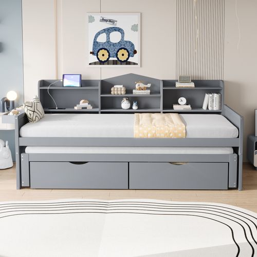 Lit Gigogne 90x200cm Avec 2 Tiroirs Et Étagères -prise USB, Lit Simple En Bois-lit Enfant-gris