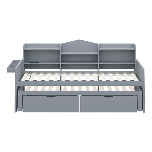 Lit Gigogne 90x200cm Avec 2 Tiroirs Et Étagères -prise USB, Lit Simple En Bois-lit Enfant-gris