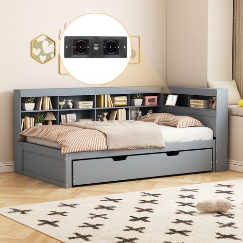 Lit Gigogne 90x200cm Avec LED-rangement De Chevet-prise USB, Lit Simple En Bois-lit Enfant-gris