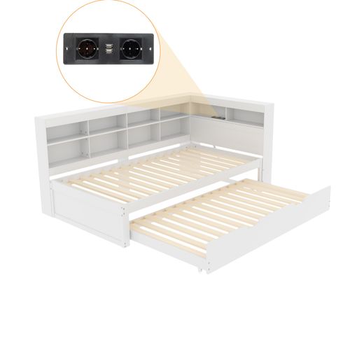 Lit Gigogne 90x200cm Avec LED-rangement De Chevet-prise USB, Lit Simple En Bois-lit Enfant-blanc