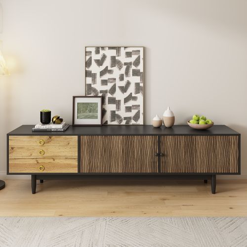 Meuble TV Avec Rangement-180×38×50 Cm- Bois Et Noir