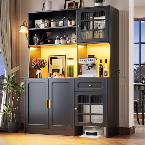 Buffet De Cuisine LED Avec Éclairage Musical-buffet-meubles Avec Portes En Verre - Noir