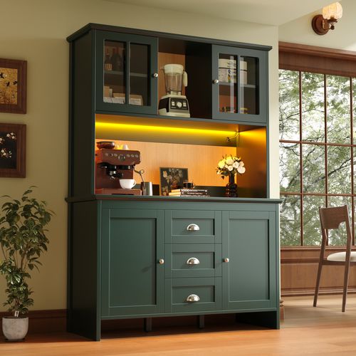 Buffet De Cuisine LED Avec Éclairage Musical-buffet-meublesavec Portes En Verre Marron - Vert