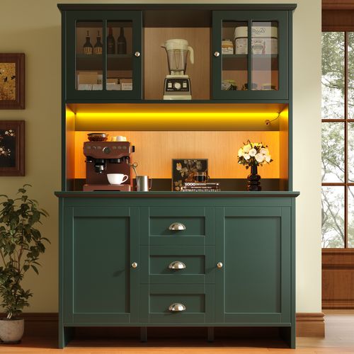 Buffet De Cuisine LED Avec Éclairage Musical-buffet-meublesavec Portes En Verre Marron - Vert