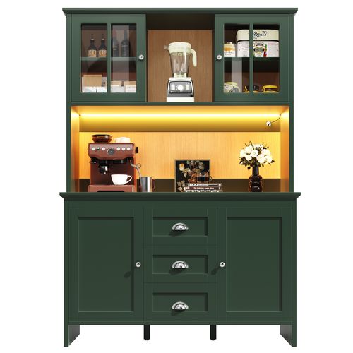 Buffet De Cuisine LED Avec Éclairage Musical-buffet-meublesavec Portes En Verre Marron - Vert