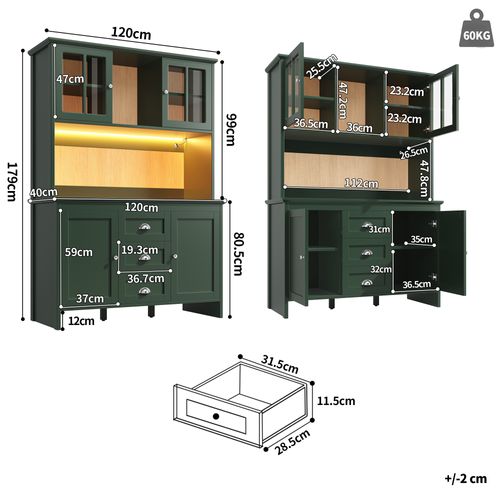 Buffet De Cuisine LED Avec Éclairage Musical-buffet-meublesavec Portes En Verre Marron - Vert