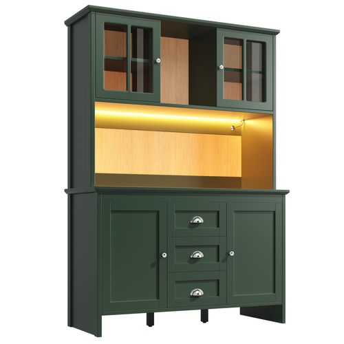 Buffet De Cuisine LED Avec Éclairage Musical-buffet-meublesavec Portes En Verre Marron - Vert