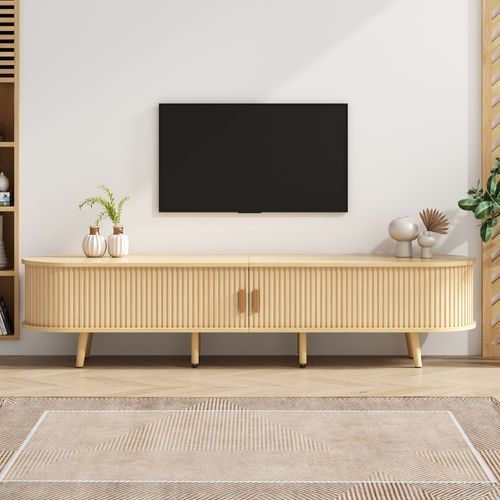 Meuble TV Design Ovale-en Noyer Clair-2 Tiroirs Et 2 Portes-structure Stable-175 X 40 X 42cm