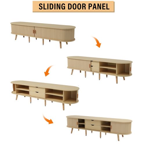 Meuble TV Design Ovale-en Noyer Clair-2 Tiroirs Et 2 Portes-structure Stable-175 X 40 X 42cm