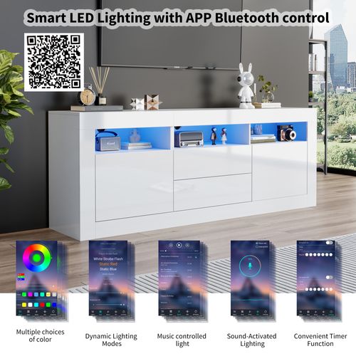 Meuble TV Brillant 160 X 35 X 60 Cm-éclairage LED-3 Niches, 2 Portes, 2 Tiroirs-blanc