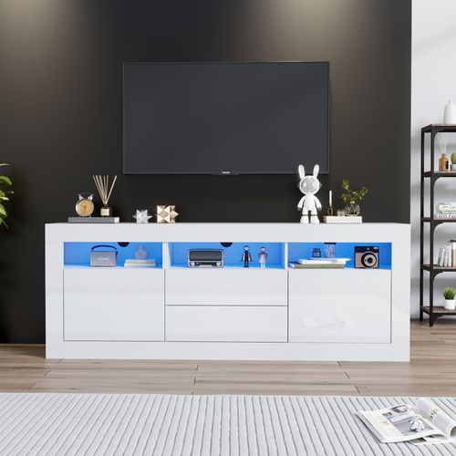 Meuble TV Brillant 160 X 35 X 60 Cm-éclairage LED-3 Niches, 2 Portes, 2 Tiroirs-blanc