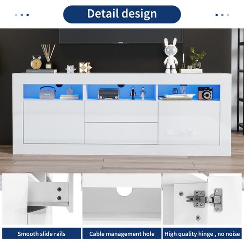 Meuble TV Brillant 160 X 35 X 60 Cm-éclairage LED-3 Niches, 2 Portes, 2 Tiroirs-blanc