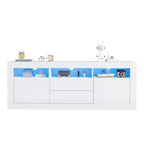 Meuble TV Brillant 160 X 35 X 60 Cm-éclairage LED-3 Niches, 2 Portes, 2 Tiroirs-blanc