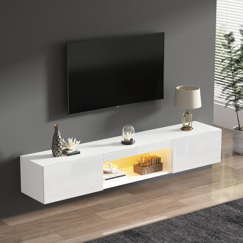 Meuble TV LED Blanc 160 Cm Avec éclairage RGB - Pour TV 50 à 70 Pouces, 2 Tiroirs, 7 étagères - Design Moderne Pour Salon Et Chambre