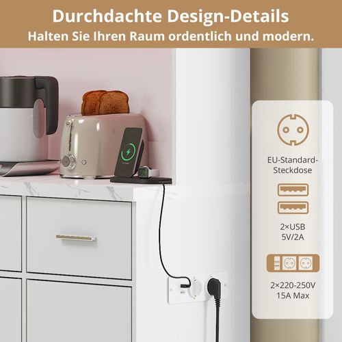 Buffet De Cuisine Multifonctionnel Avec Éclairage LED-étagères Réglables-prise USB-blanc