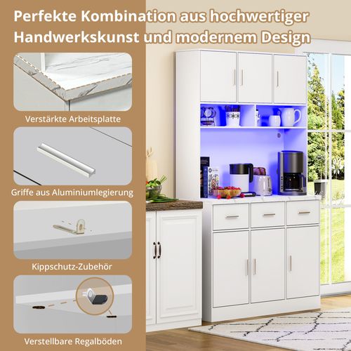 Buffet De Cuisine Multifonctionnel Avec Éclairage LED-étagères Réglables-prise USB-blanc
