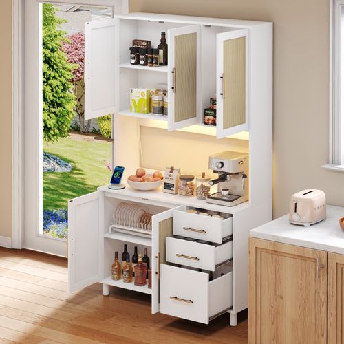 Buffet De Cuisine 183cm-éclairage LED-2 Ports USB, 2 Prises De Courant-étagères Réglables-blanc