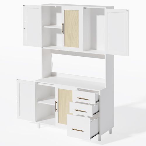 Buffet De Cuisine 183cm-éclairage LED-2 Ports USB, 2 Prises De Courant-étagères Réglables-blanc