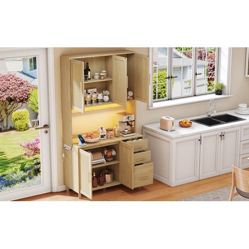 Buffet De Cuisine 183cm-éclairage LED-2 Ports USB, 2 Prises De Courant-étagères Réglables-naturel