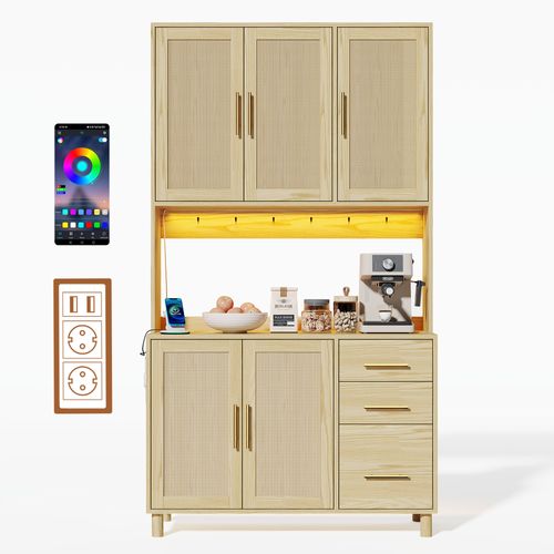 Buffet De Cuisine 183cm-éclairage LED-2 Ports USB, 2 Prises De Courant-étagères Réglables-naturel