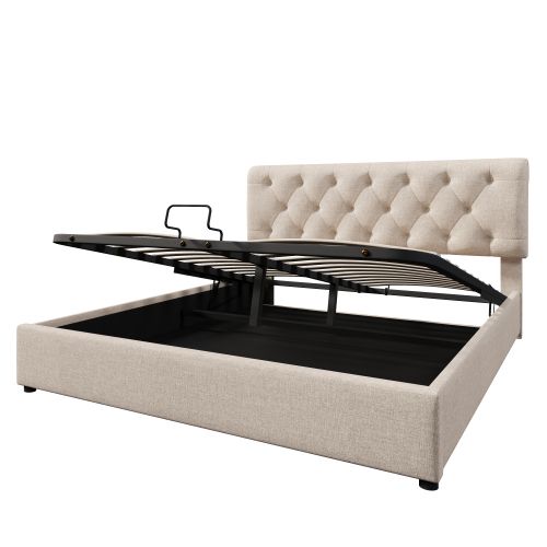 Lit Double 160x200cm-hydraulique Capitonné-tête De Lit Réglable-avec Espace De Rangement-beige