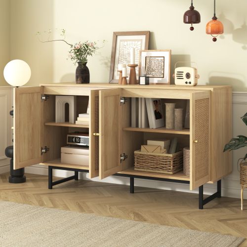 Buffet 140x39,5x80 Cm-en Rotin Véritable Tressé，-rangement Spacieux-4 Portes -naturel