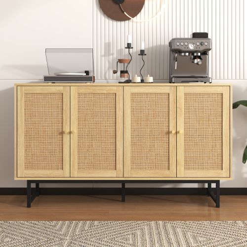 Buffet 140x39,5x80 Cm-en Rotin Véritable Tressé，-rangement Spacieux-4 Portes -naturel