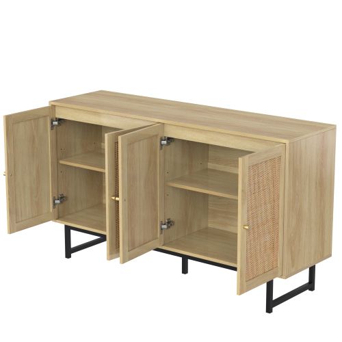 Buffet 140x39,5x80 Cm-en Rotin Véritable Tressé，-rangement Spacieux-4 Portes -naturel