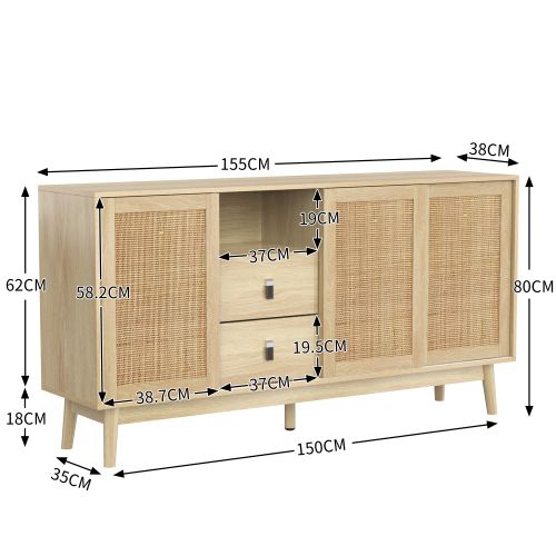 Buffet -3 Portes Coulissantes En Rotin Véritable-2 Tiroirs-rangement Généreux-naturel