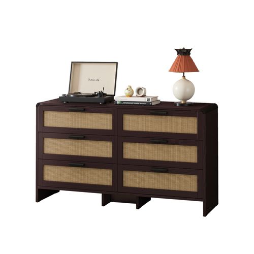 Commode 6 Tiroirs-meuble De Rangement En Rotin -salon, Chambre Et Cuisine-brun Rougeâtre