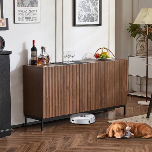 Buffet En Chêne Foncé- 3 Portes-design Ondulé 3d-étagères Réglables-rangement Pour Salon, Bureau