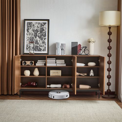 Buffet En Chêne Foncé- 3 Portes-design Ondulé 3d-étagères Réglables-rangement Pour Salon, Bureau