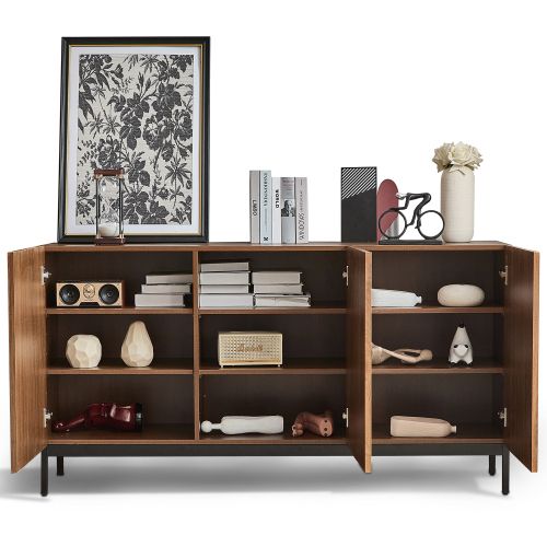 Buffet En Chêne Foncé- 3 Portes-design Ondulé 3d-étagères Réglables-rangement Pour Salon, Bureau