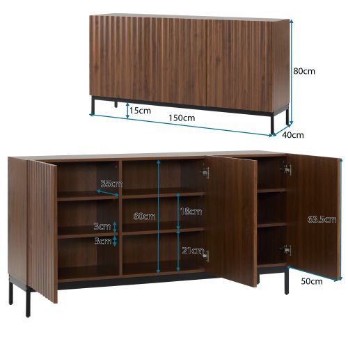 Buffet En Chêne Foncé- 3 Portes-design Ondulé 3d-étagères Réglables-rangement Pour Salon, Bureau