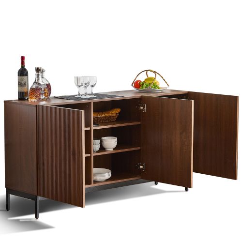 Buffet En Chêne Foncé- 3 Portes-design Ondulé 3d-étagères Réglables-rangement Pour Salon, Bureau
