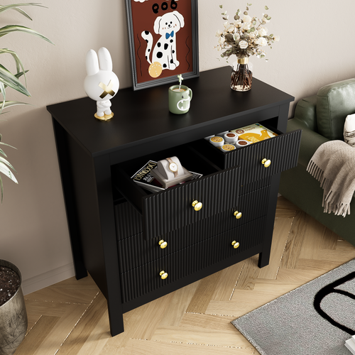 Commode 5 Tiroirs Élégant -poignées Dorées- Noir